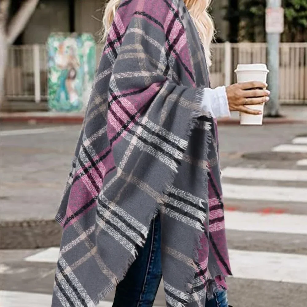 Women's Boho Open Front Poncho Knitted Plaid Shawl Wrap Cape Tassel Cardigan Swe